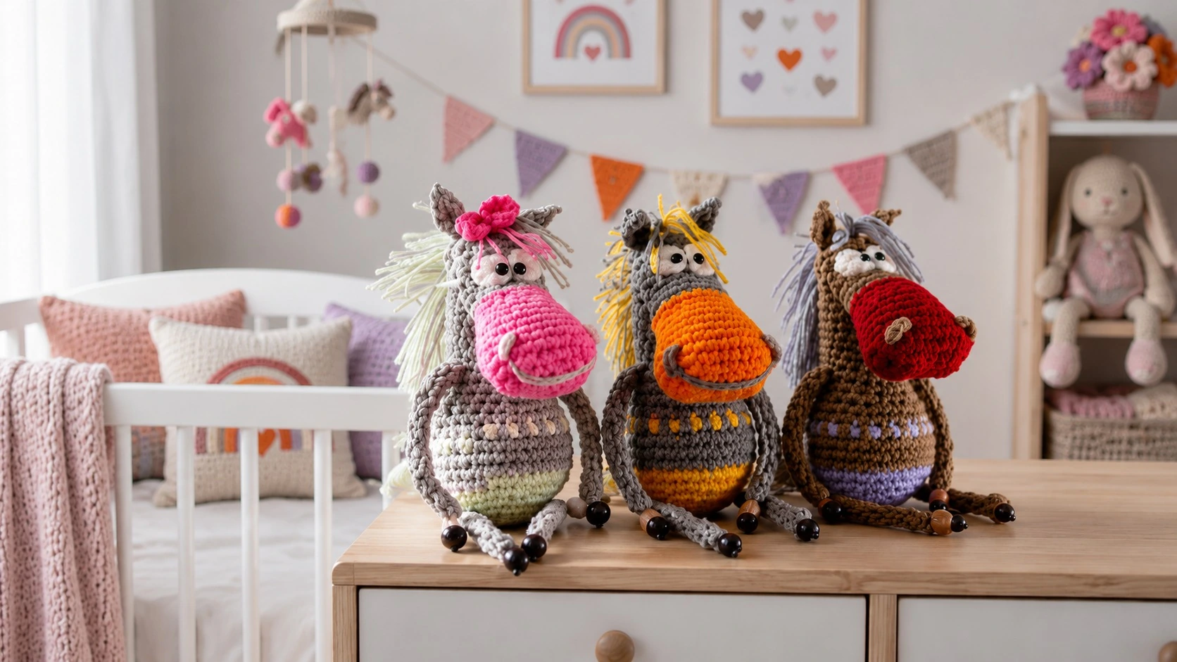 Tres caballitos amigurumi tejidos a crochet, en tonos rosa, naranja y rojo, sentados sobre una cómoda de madera en una habitación infantil decorada con detalles tejidos.