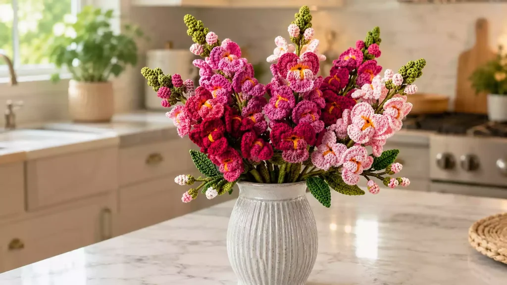 Flores boca de dragón en 3D tejidas a crochet, con volumen, color y un acabado delicado y realista