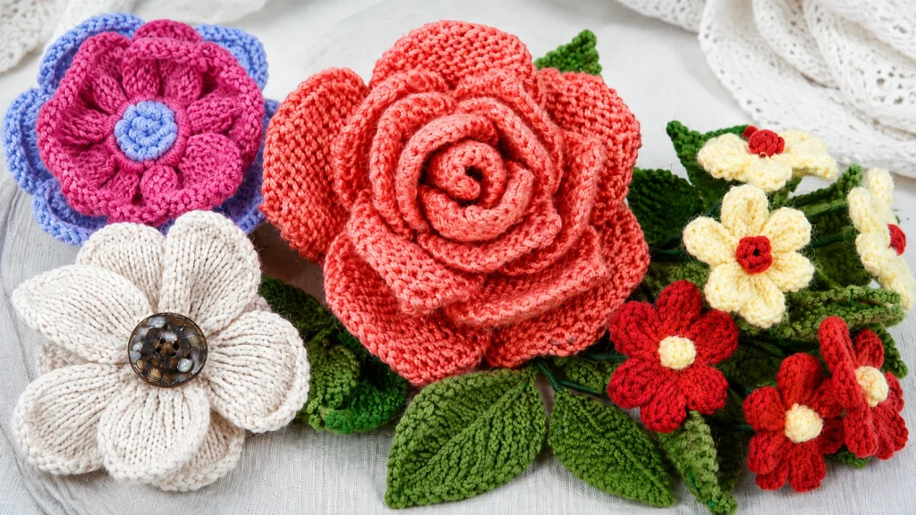 Flores tejidas a dos agujas con rosa grande, flores de colores y hojas tejidas
