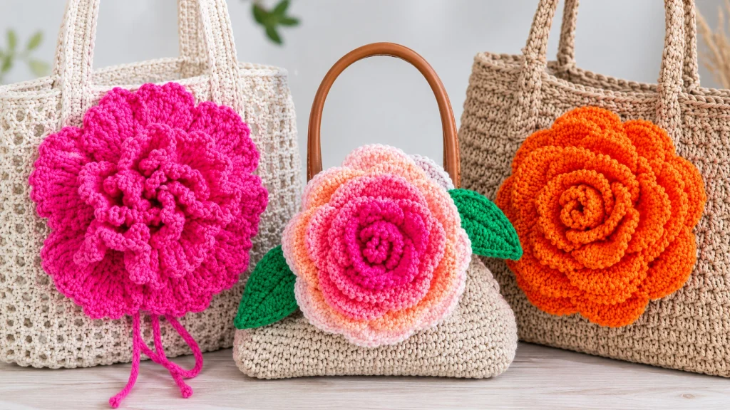 Bolsos tejidos a crochet decorados con grandes flores en fucsia, rosa y naranja, diseños artesanales ideales para personalizar accesorios hechos a mano.