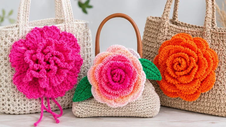 Flores grandes a crochet para bolsos: 10 tutoriales, medidas y formas de fijarlas