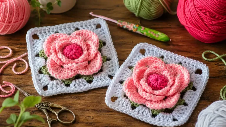 Estas rosas 3D convierten un sencillo granny a crochet en una pequeña obra de arte