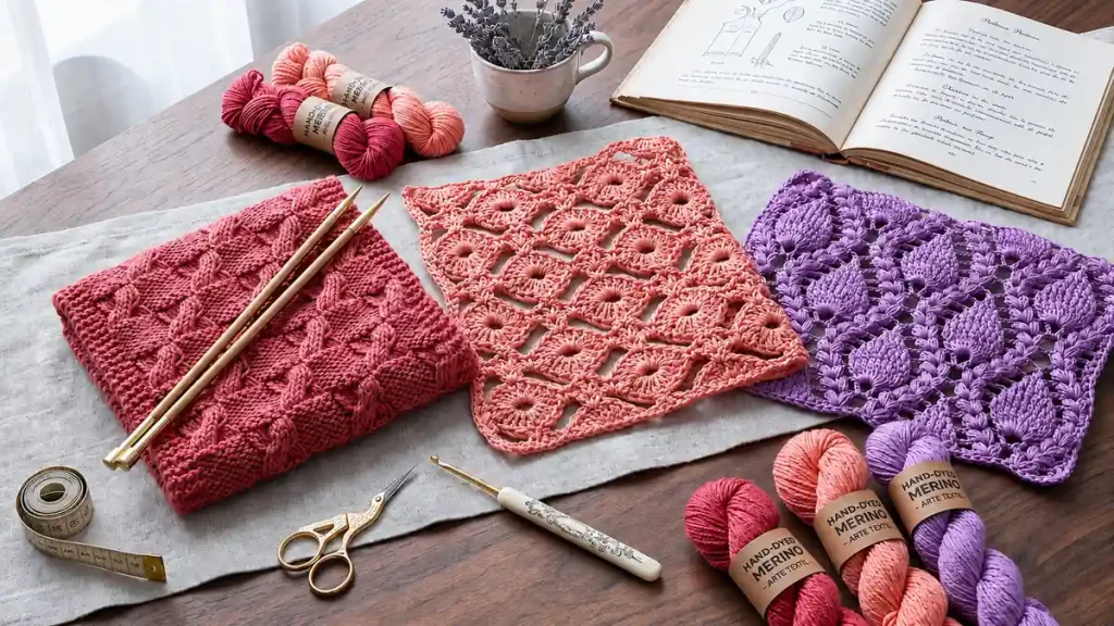 Muestras de tejido a crochet y dos agujas en tonos coral y morado con ovillos y herramientas.