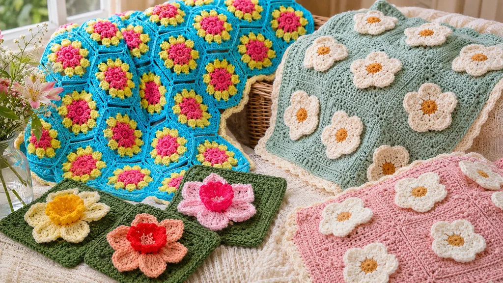 Mantas a crochet con flores tejidas en distintos colores y diseños, ideales para decorar dormitorios y espacios acogedores.