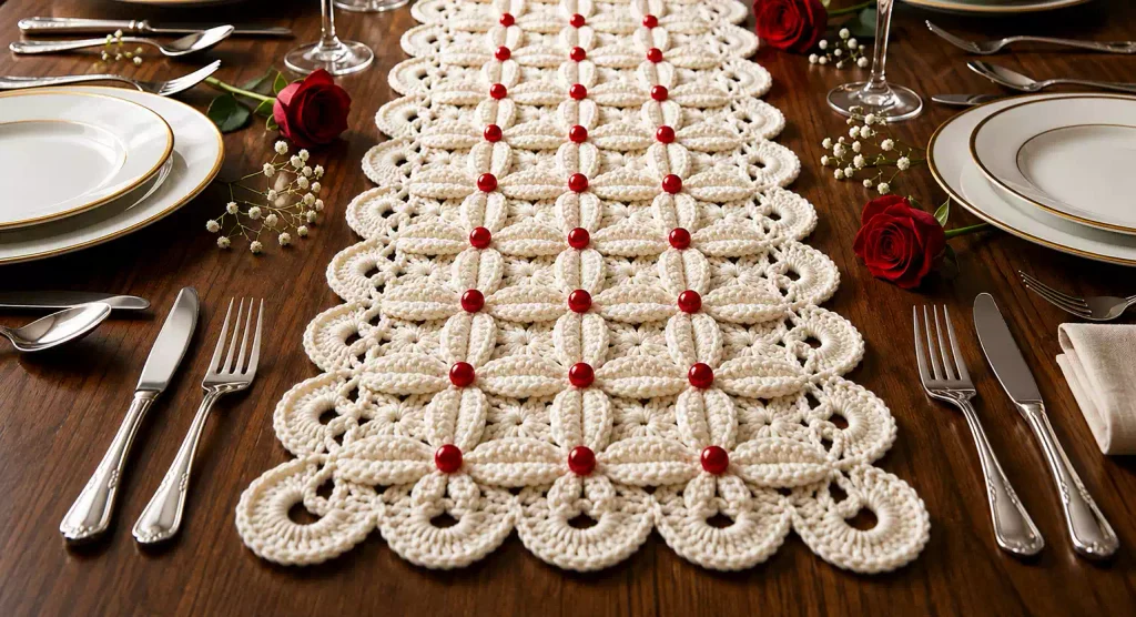 Patrón de mosaico a crochet con diseño decorativo y elegante, ideal para manteles, caminos de mesa y proyectos para el hogar