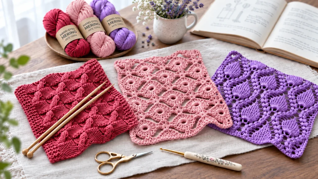 Muestras de tejido a crochet y dos agujas en tonos coral y morado con ovillos y herramientas.