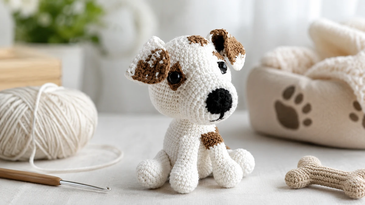Perrito amigurumi tejido a crochet en blanco y marrón.