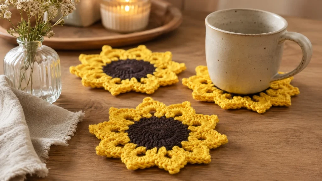 Posavasos de girasol tejidos a crochet, un proyecto fácil y decorativo para dar calidez a la mesa