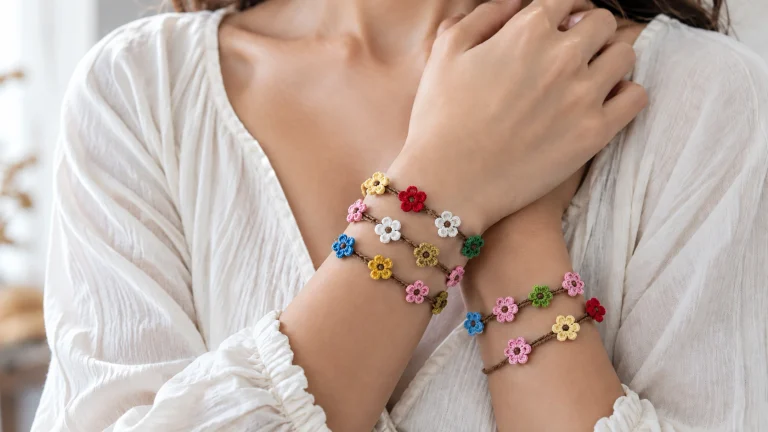 Estas delicadas pulseras de flores a crochet son un regalo pequeño y lleno de cariño