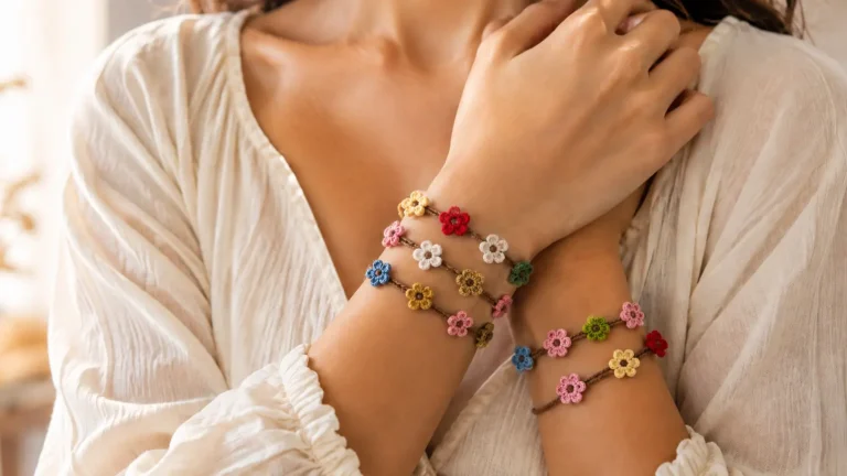 Estas delicadas pulseras de flores a crochet son un regalo pequeño y lleno de cariño