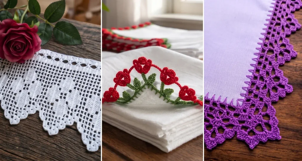 Tres elegantes modelos de puntillas a crochet para servilletas: diseño calado en hilo blanco, orilla tejida con flores rojas tridimensionales, y un delicado borde de ganchillo en color morado.