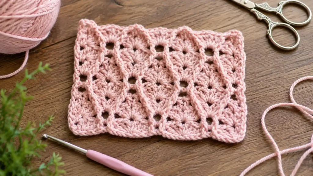 Muestra de punto de encaje a crochet en tono rosa, acompañada de hilo, ganchillo y tijeras.