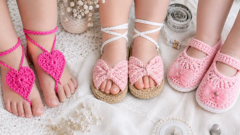 Sandalias y zapatitos para bebé tejidos a crochet en tonos rosa, con corazones, lazos y diseño tipo mercedita hecho a mano.