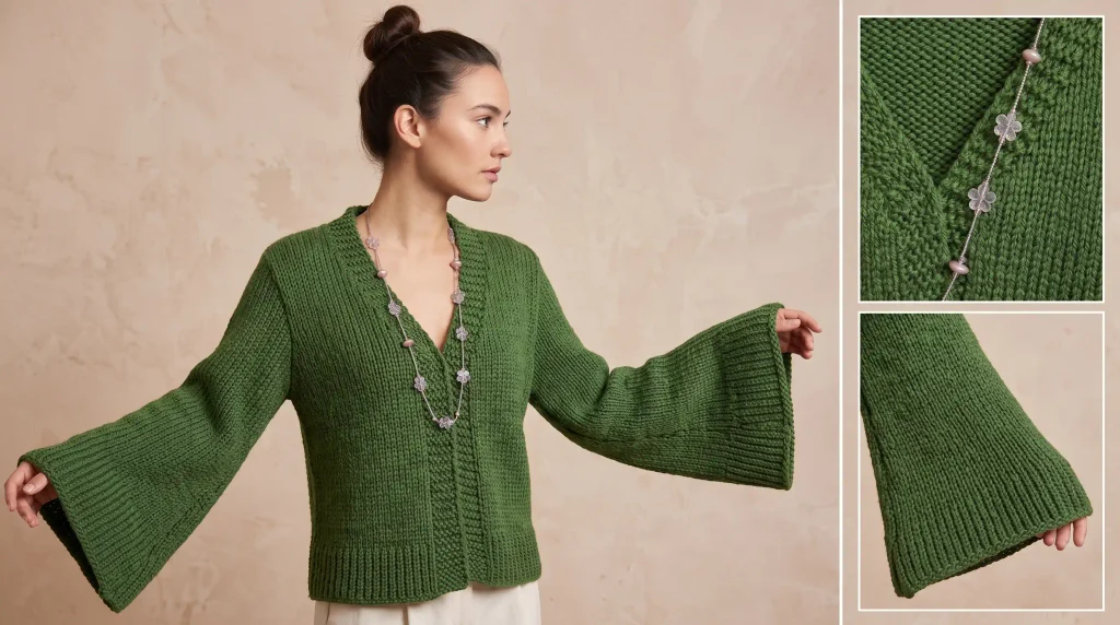 Mujer modelando una blusa verde tejida a dos agujas con manga campana, destacando la textura del punto y el amplio vuelo de las mangas.