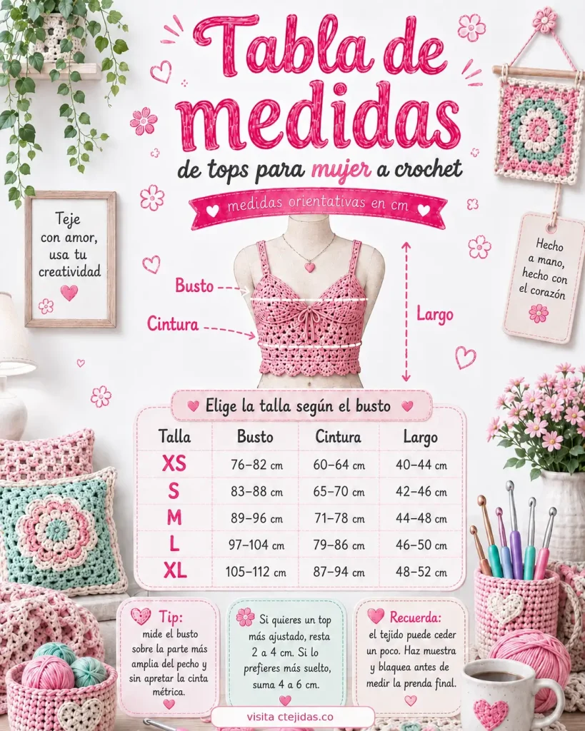 Tabla de medidas para tops de mujer a crochet con busto, cintura y largo por talla