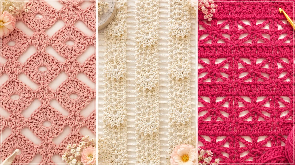 Tres modelos de puntos a crochet en tonos rosa, crema y fucsia, con diseños calados, flores tejidas y texturas decorativas en primer plano.