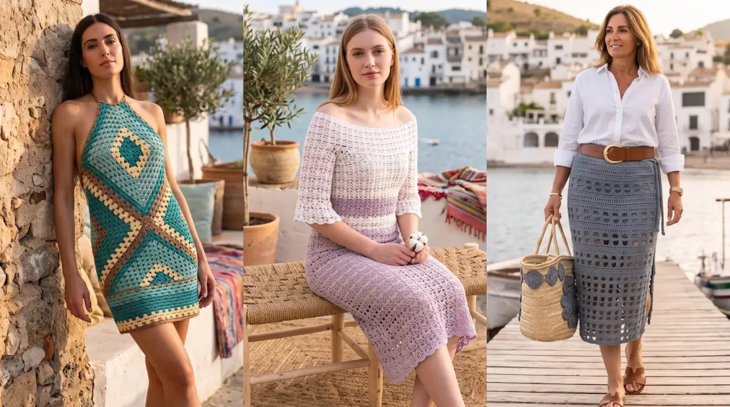 Colección de moda de verano en crochet: tres mujeres modelando un vestido halter con patrón geométrico, un vestido lila de hombros descubiertos y una falda midi de ganchillo gris en un paisaje costero.