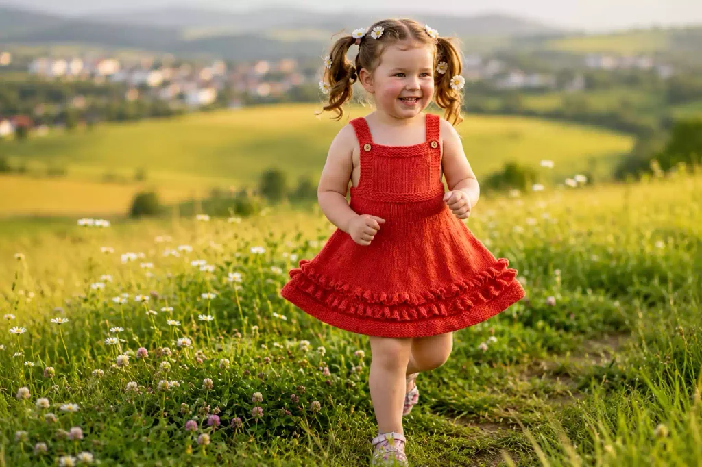 Vestido Pili para niña tejido a dos agujas con tirantes, botones y falda con vuelo
