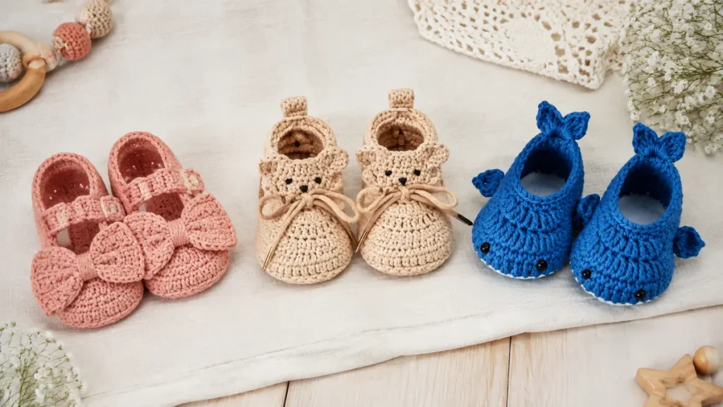 10 zapatitos a crochet para bebé que enamoran por su diseño y ternura Tres pares de zapatitos para bebé a crochet en rosa, beige y azul, con diseños de lazos, ositos y ballenas.