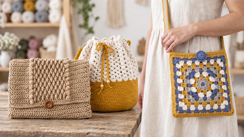 Tres bolsos tejidos a crochet: cartera beige con relieve y bolso tipo saco crema y mostaza sobre una mesa, junto a una mujer con un bolso de granny square multicolor.