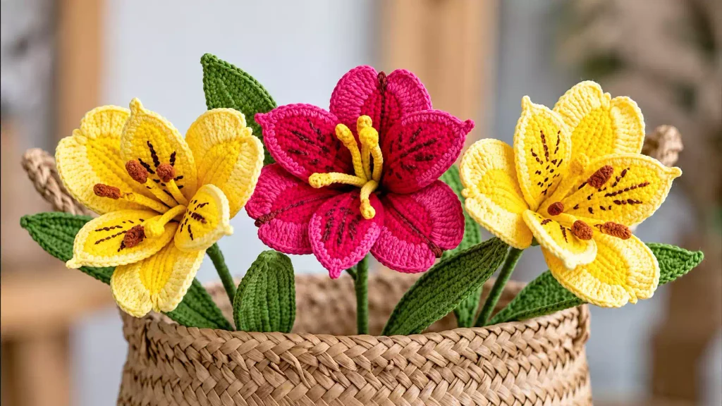 Astromelia a crochet con pétalos amarillos, detalles pintados y hojas verdes