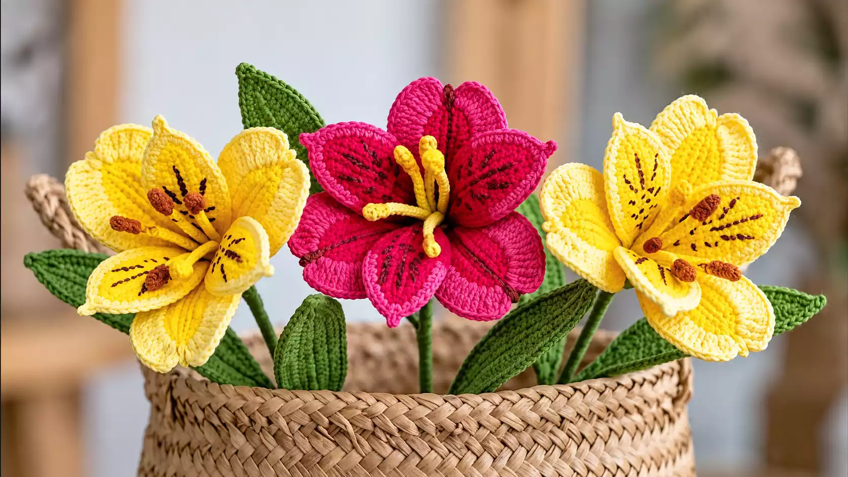 Arreglo de astromelias tejidas a crochet en amarillo y fucsia, con pétalos detallados, estambres y hojas verdes, colocadas en una cesta de fibras naturales como decoración floral artesanal.