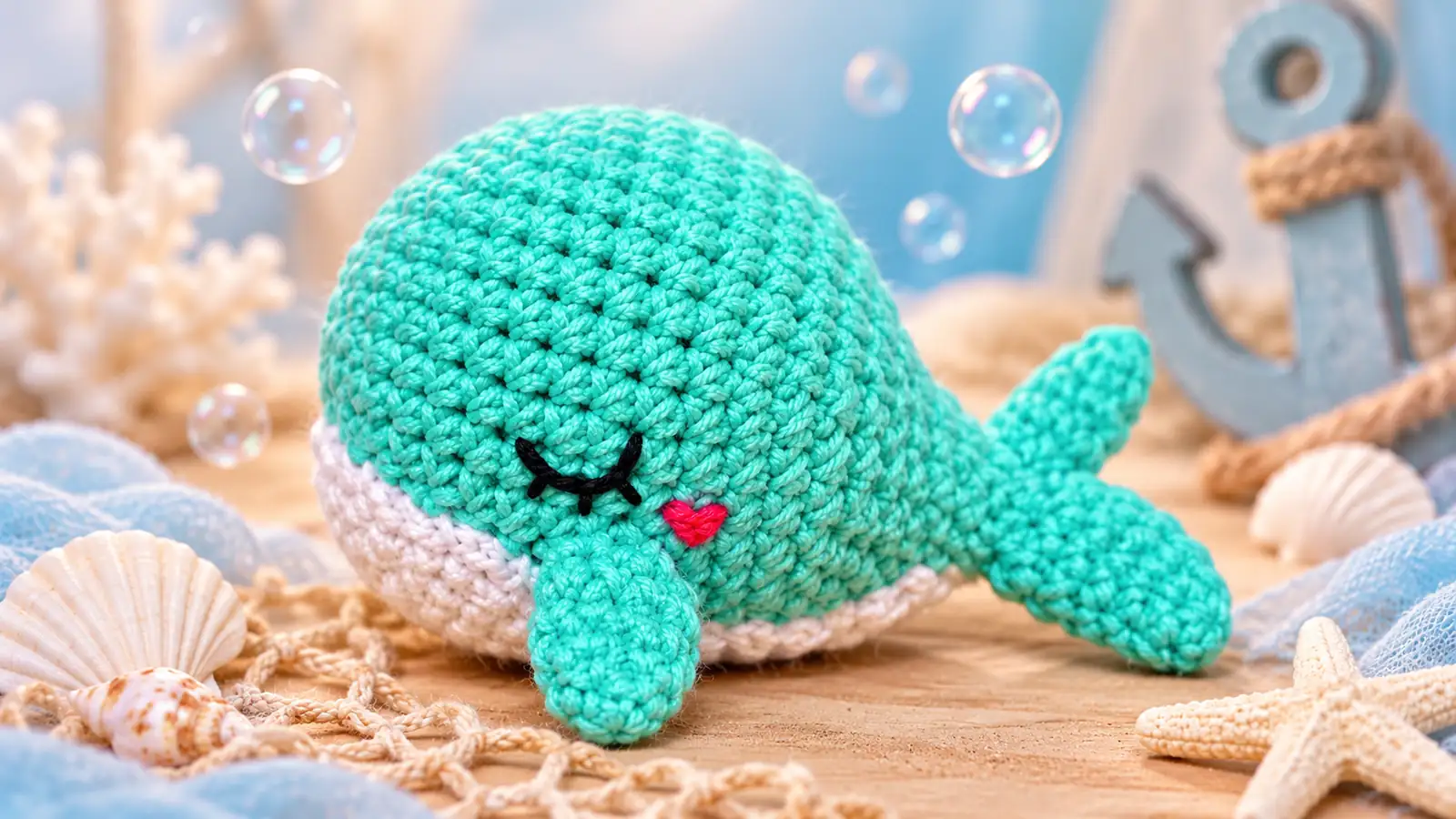 Ballena amigurumi turquesa tejida a crochet en un delicado ambiente marino.
