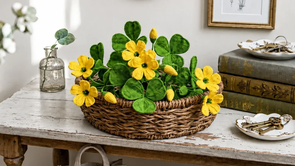Flor de trébol tejida a crochet con hojas verdes, pequeños detalles florales y tallos decorativos