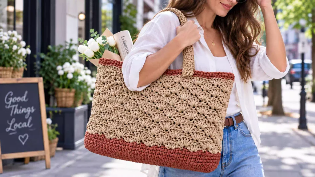Bolso Ibiza a crochet con textura en punto abanico y cordón de poliéster en dos colores