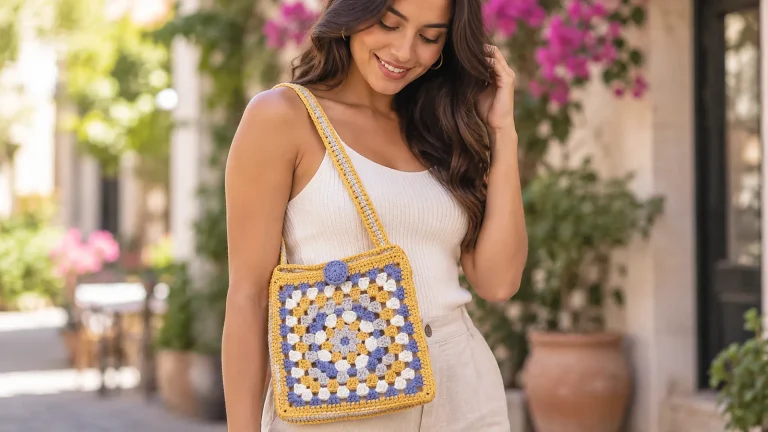 Esta Bolsa Square a crochet convierte dos grannys en un accesorio colorido, práctico y lleno de encanto