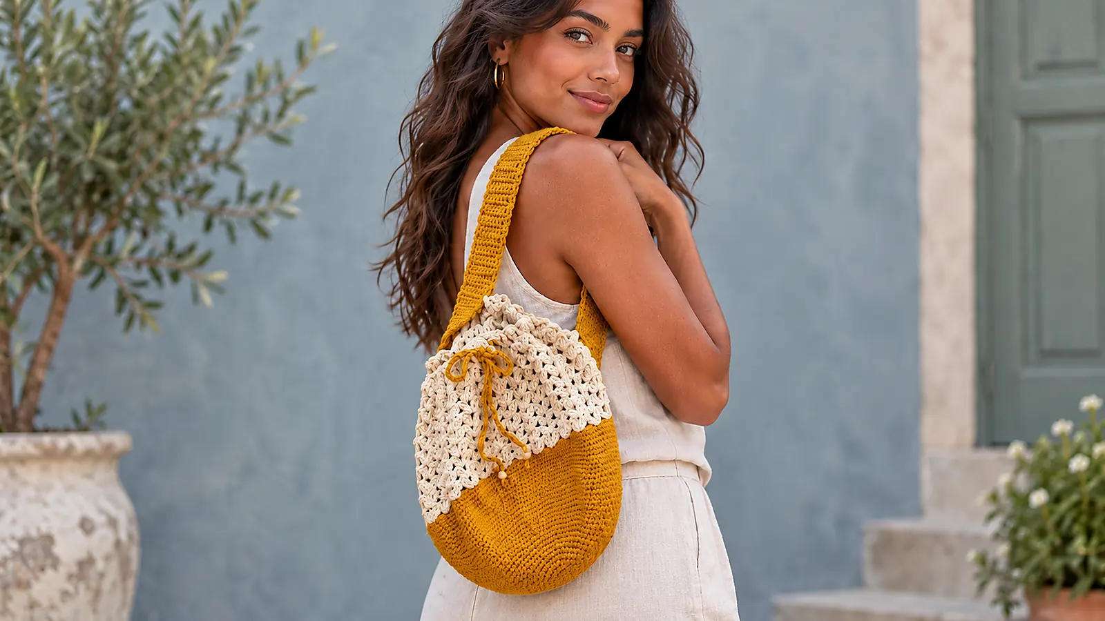 Mujer luciendo bolso tejido a crochet en tonos mostaza y crema con diseño calado.