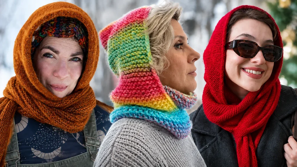 Tres mujeres lucen bufandas con capucha tejidas a dos agujas en colores naranja, multicolor y rojo.