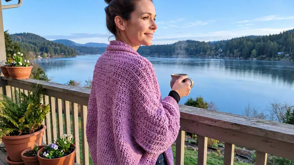 Cardigan Cielo Rosa a crochet tejido con método de un solo rectángulo