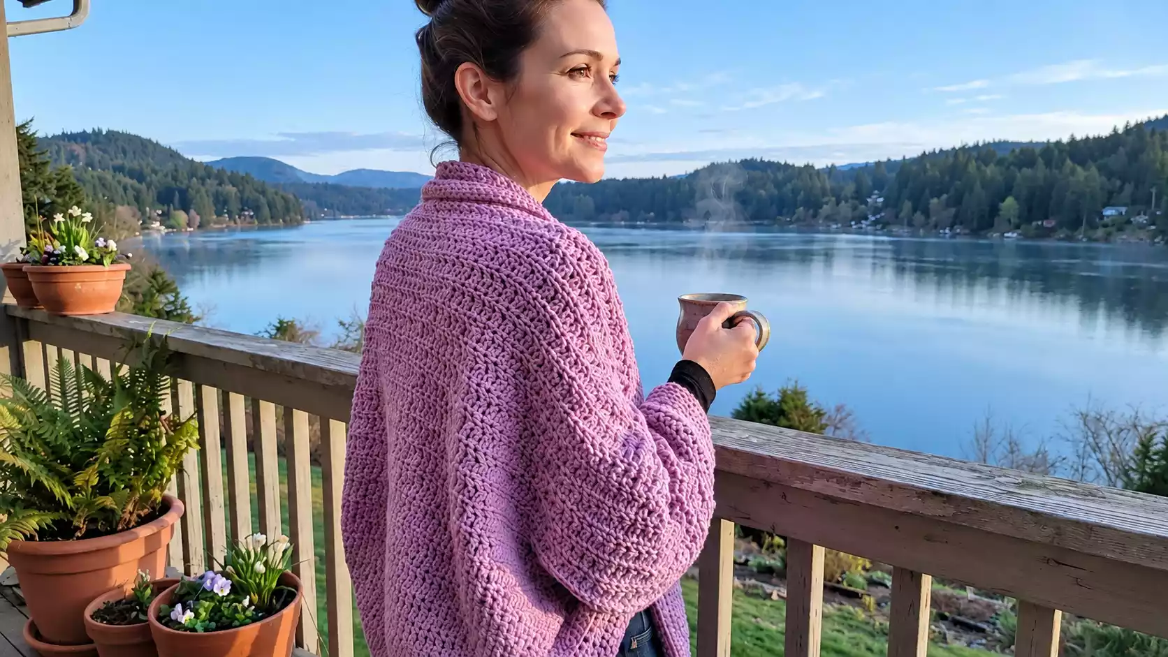 Mujer luciendo un cardigan kimono Cielo Rosa tejido a crochet con textura suave y mangas amplias, mientras sostiene una taza caliente en un balcón con hermosa vista a un lago rodeado de montañas.