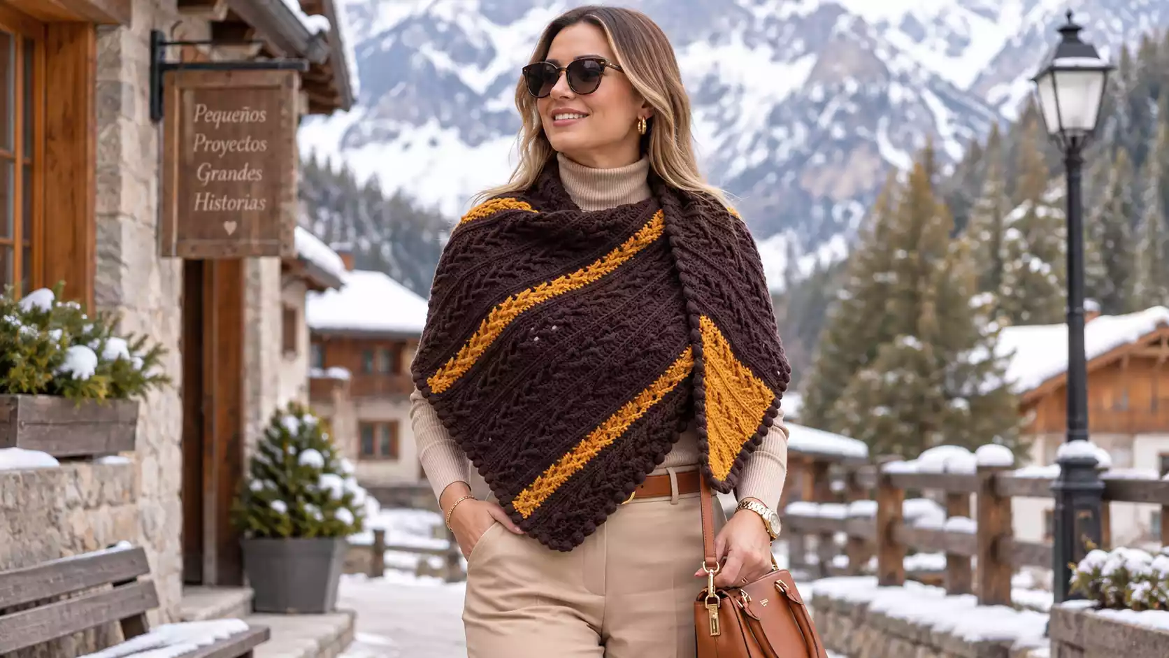 Mujer luciendo el chal Brenta tejido a crochet en marrón oscuro y mostaza, con franjas en relieve y borde texturizado, durante un paseo por un pueblo de montaña cubierto de nieve.