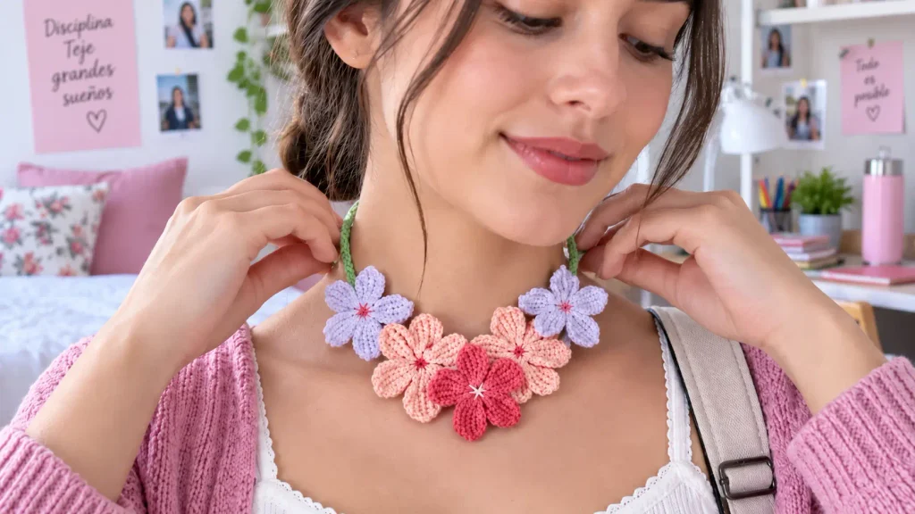 Gargantilla floral a crochet con flores de colores y cordón tejido