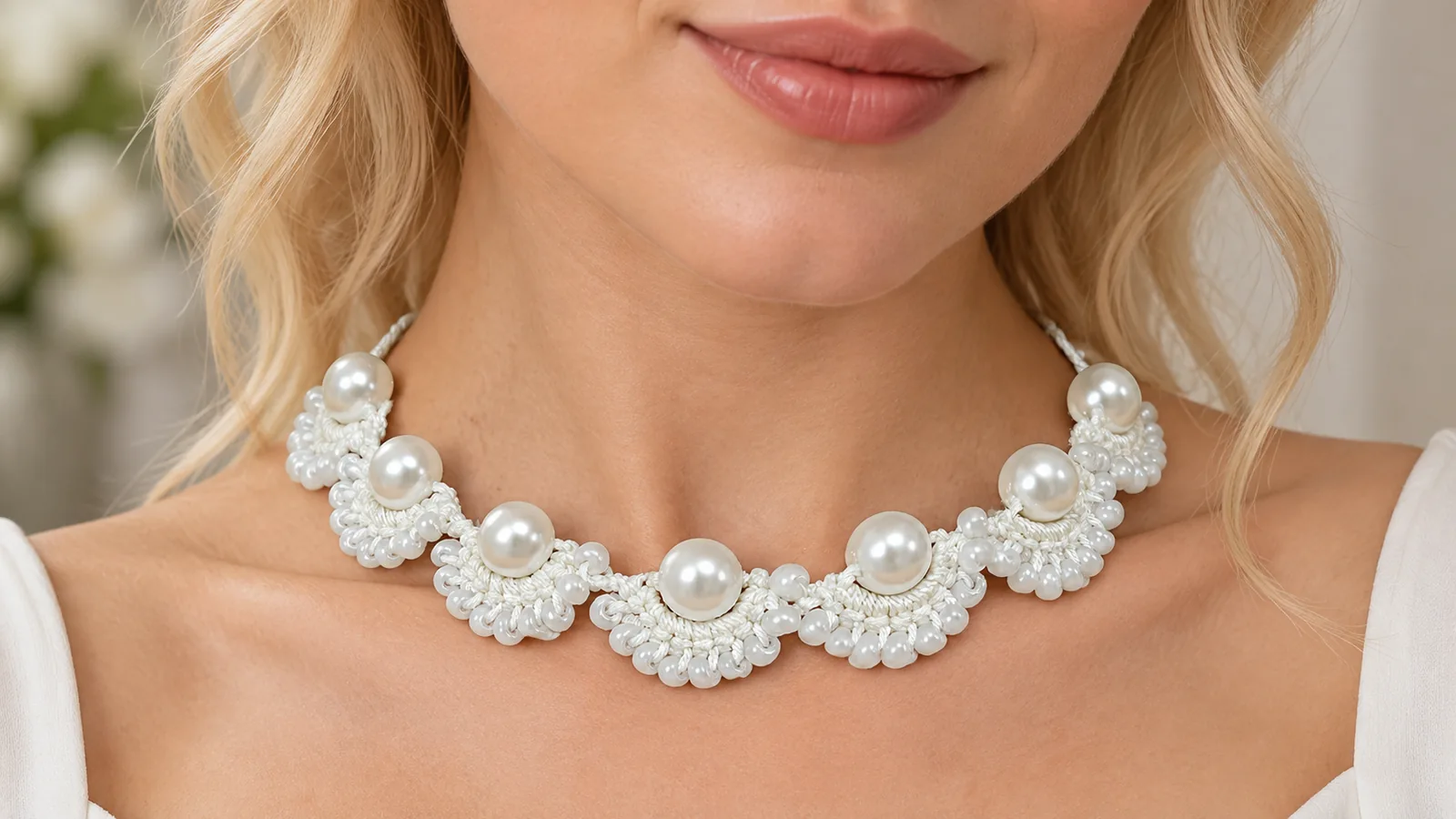 Collar blanco tejido a crochet con cuentas perladas y motivos decorativos alrededor de cada cuenta.