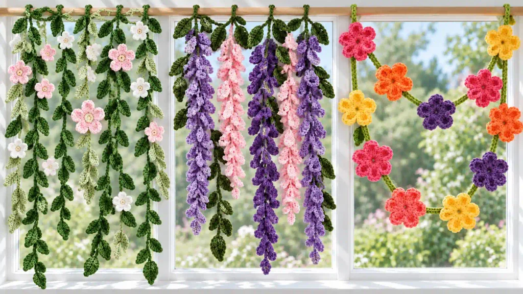 Cortinas artesanales a crochet con hojas verdes, flores rosas y lilas y guirnaldas multicolores en una ventana iluminada por luz natural.