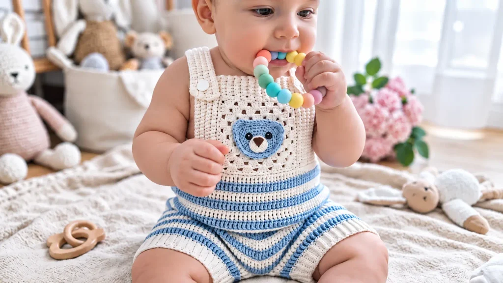 Bebé con jardinero a crochet azul y blanco, tirantes anchos y un osito tejido en la pechera.