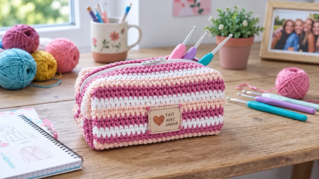 Estuche tejido a crochet con franjas de colores y cierre, ideal para guardar agujas y accesorios