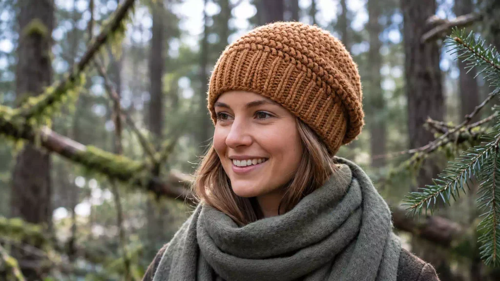 Gorro a crochet con borde acanalado y textura en relieve para invierno
