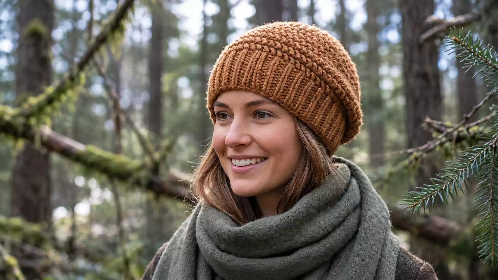 Mujer luciendo un gorro marrón tejido a crochet con borde elástico y textura en relieve, acompañado de una bufanda gris durante un paseo por un bosque.