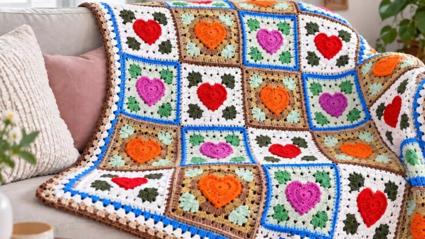 Granny corazón enmarcado a crochet en varios colores, ideal para mantas, cojines y otros proyectos decorativos