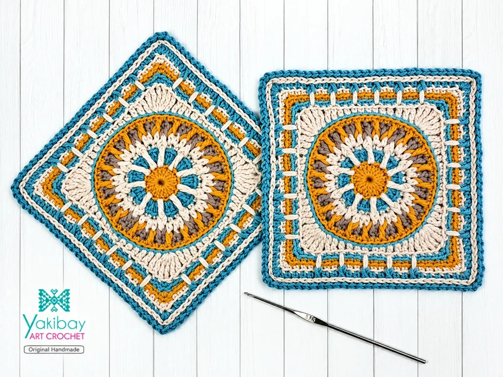 Granny a crochet inspirado en la mayólica siciliana con motivos geométricos y coloridos