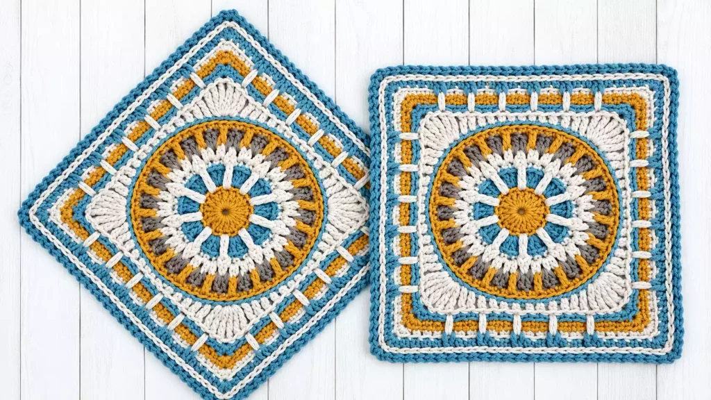 Granny a crochet inspirado en la mayólica siciliana con motivos geométricos y coloridos