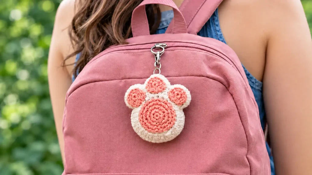 Llavero de huella tejido a crochet en tonos crema y coral, colgado de una mochila rosa.