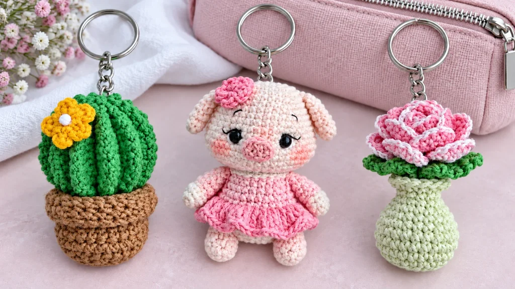 Tres llaveros a crochet: cactus con flor amarilla, cerdita con vestido rosa y rosa en un pequeño florero verde claro.
