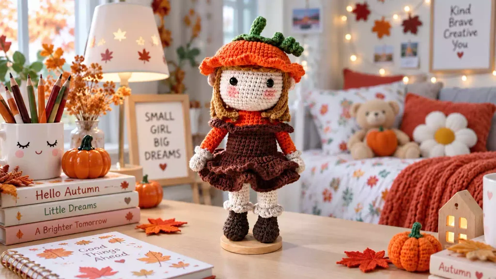 Chica calabaza amigurumi a crochet con sombrero de calabaza y vestido otoñal