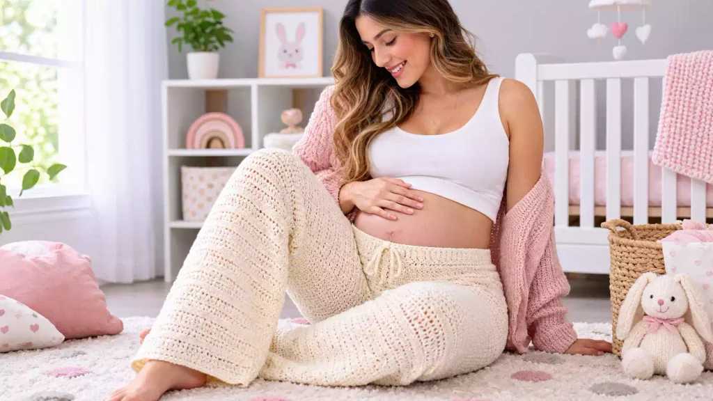 Pantalón de maternidad tejido a crochet con pierna amplia y cintura ajustable