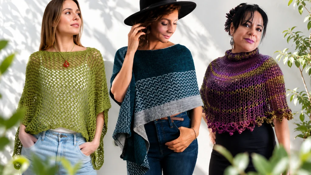 Tres mujeres luciendo diferentes modelos de ponchos tejidos a dos agujas y crochet con luz natural.